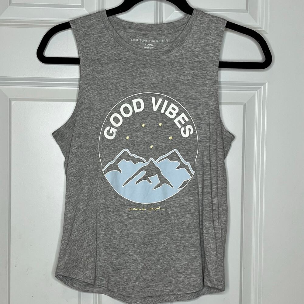 Spiritual Gangster Gray Tank Top with Blue and White Graphic